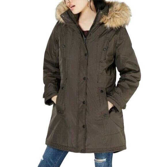 Madden Girl Womens Coat Jacket Parka Long Hooded Faux Fur Trim Green Small - Picture 2 of 12